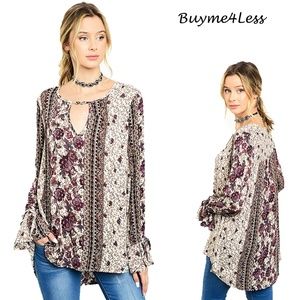 70'S BOHO Violet Floral Swing Tunic Shirt Top NEW